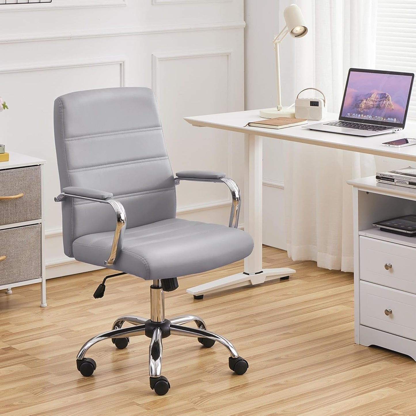 Mid-Back Office Chair with Arms Swivel PU Leather Height Adjustable Office Executive Chair, Light Gray