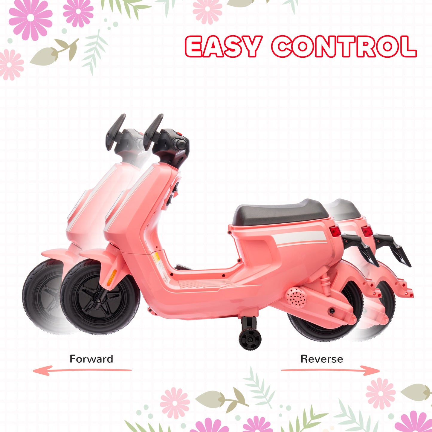 PlayPatch™ 6V Ride on Motorbike, Kids Electric Motorbike w/ Headlights, Music, Training Wheels, for Ages 18-36 Months, Pink
