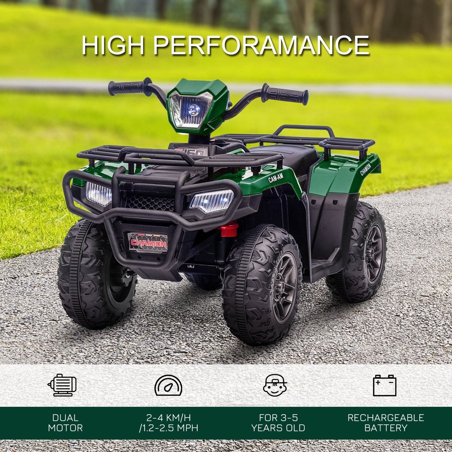 PlayPatch™ 12V Kids Quad Bike with Forward Reverse Functions, Electric Ride On ATV with Music, LED Headlights, for Ages 3-5 Years - Green