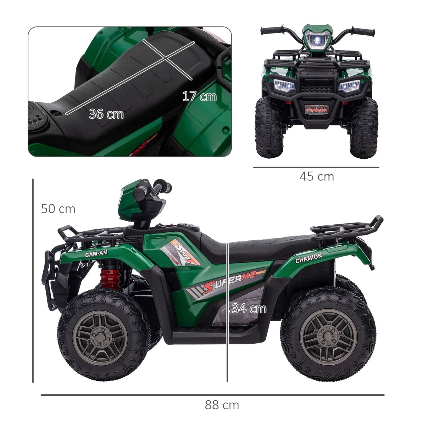 PlayPatch™ 12V Kids Quad Bike with Forward Reverse Functions, Electric Ride On ATV with Music, LED Headlights, for Ages 3-5 Years - Green