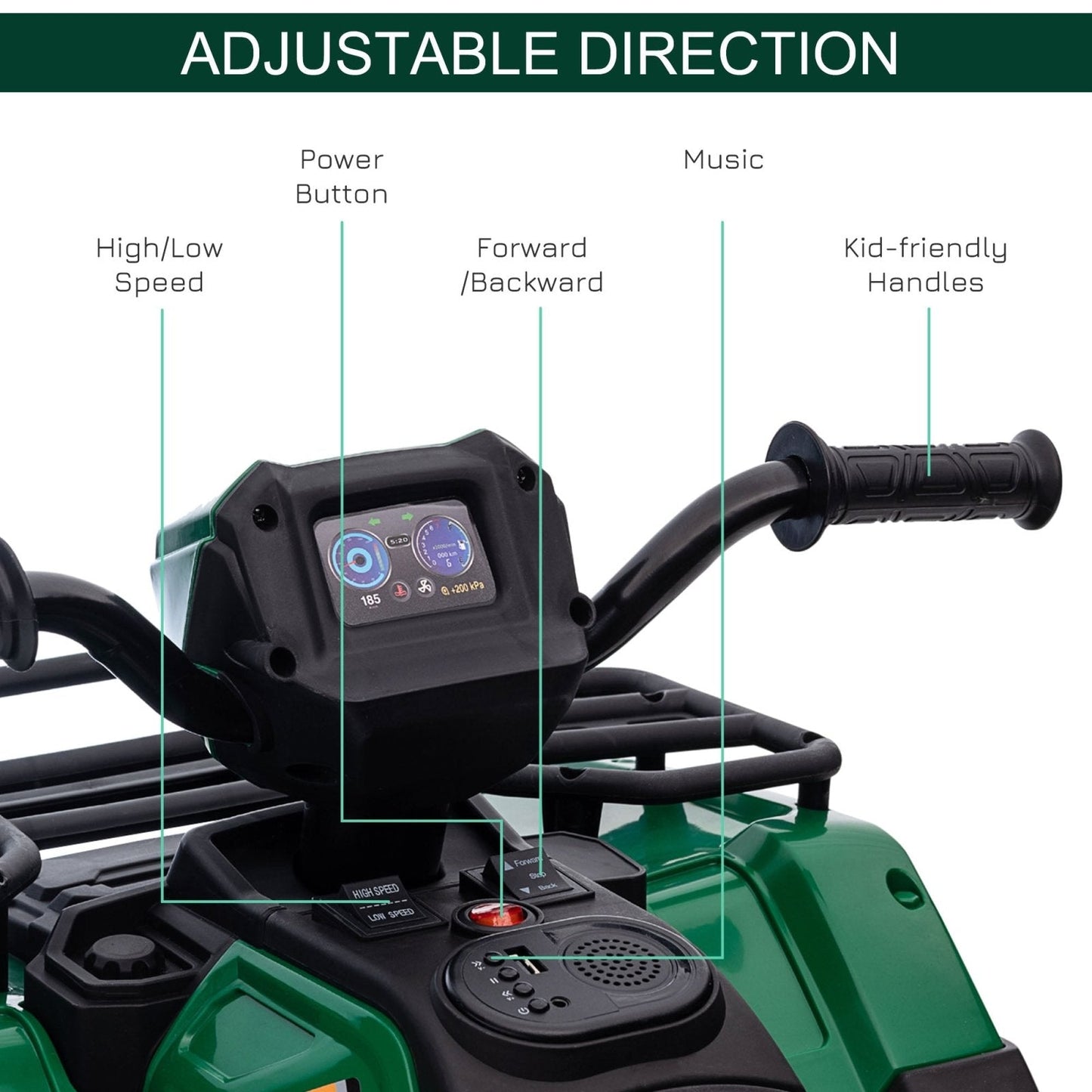 PlayPatch™ 12V Kids Quad Bike with Forward Reverse Functions, Electric Ride On ATV with Music, LED Headlights, for Ages 3-5 Years - Green