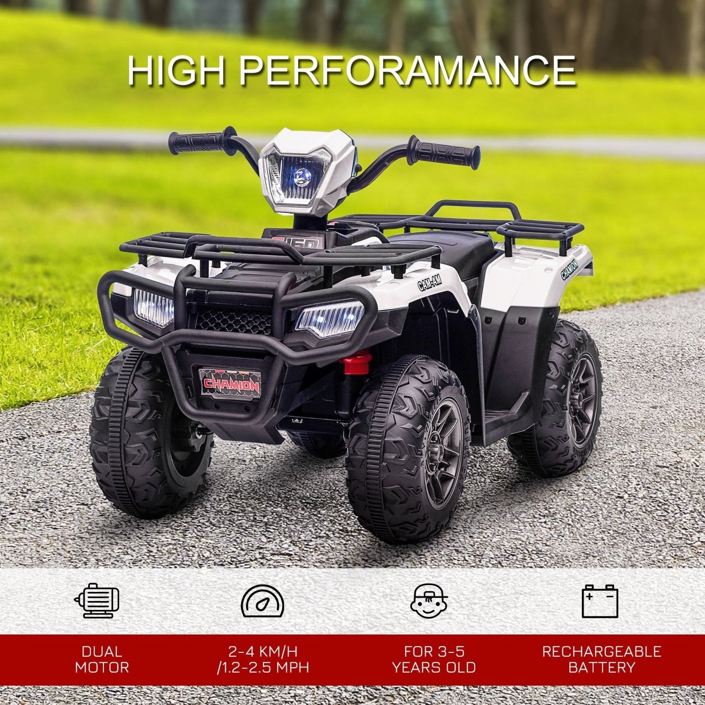 PlayPatch™ 12V Kids Quad Bike with Forward Reverse Functions, Electric Ride On ATV with Music, LED Headlights, for Ages 3-5 Years - White
