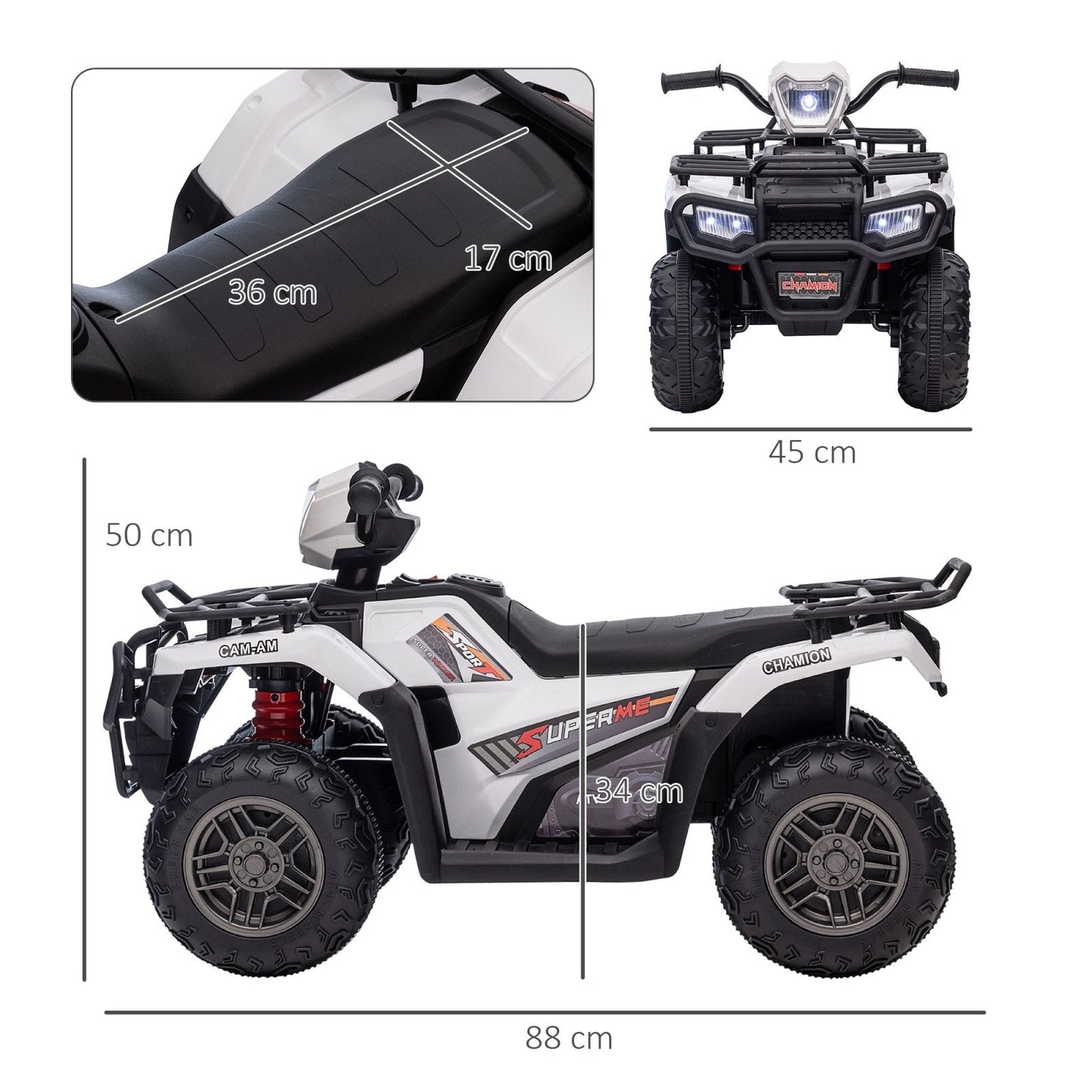 PlayPatch™ 12V Kids Quad Bike with Forward Reverse Functions, Electric Ride On ATV with Music, LED Headlights, for Ages 3-5 Years - White
