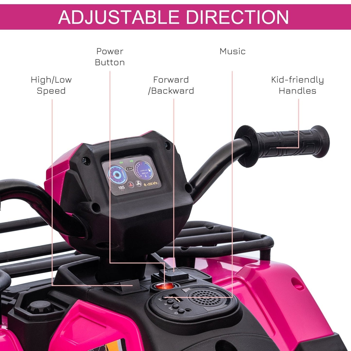 PlayPatch™ 12V Kids Quad Bike with Forward Reverse Functions, Ride On ATV with Music, LED Headlights, for Ages 3-5 Years - Pink