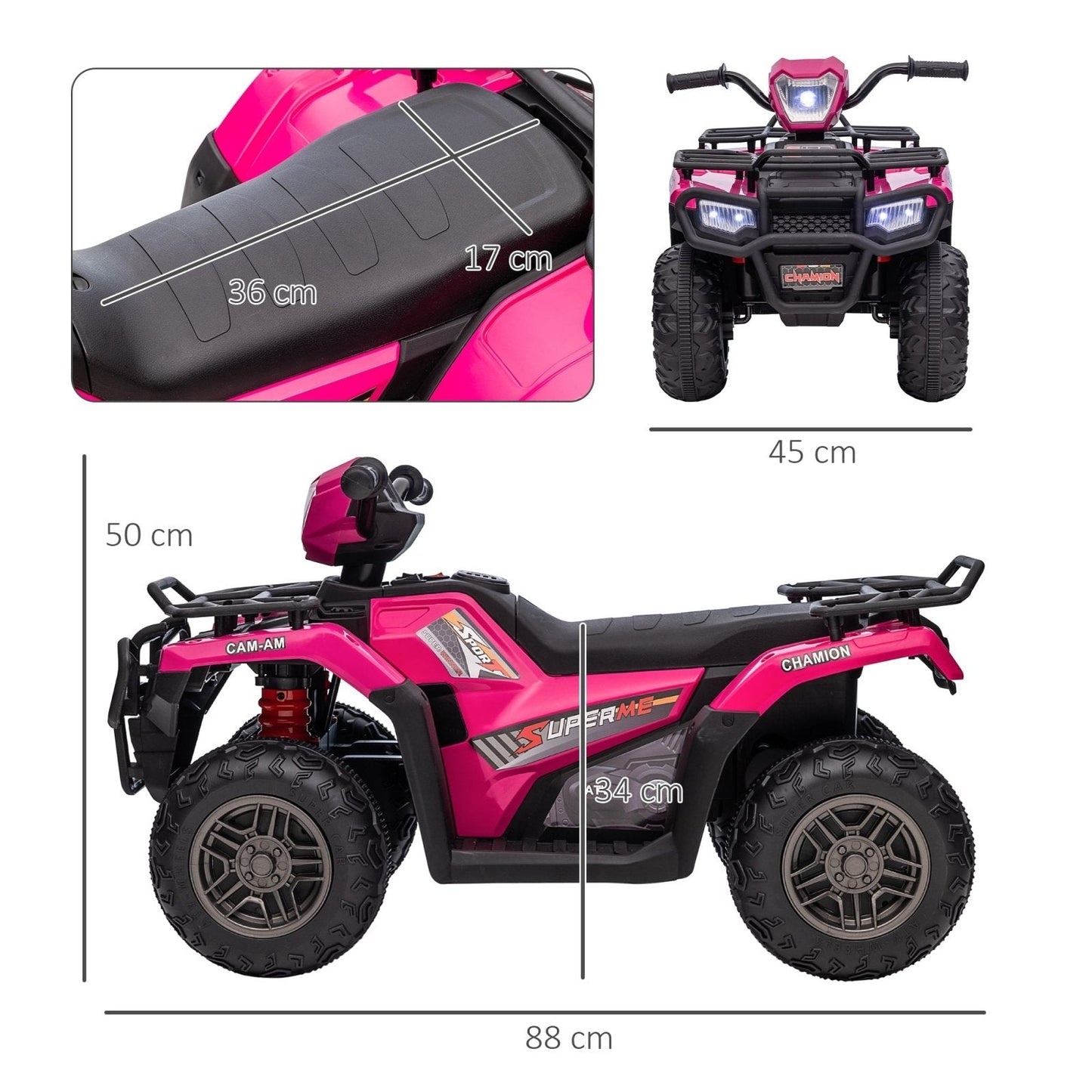 PlayPatch™ 12V Kids Quad Bike with Forward Reverse Functions, Ride On ATV with Music, LED Headlights, for Ages 3-5 Years - Pink