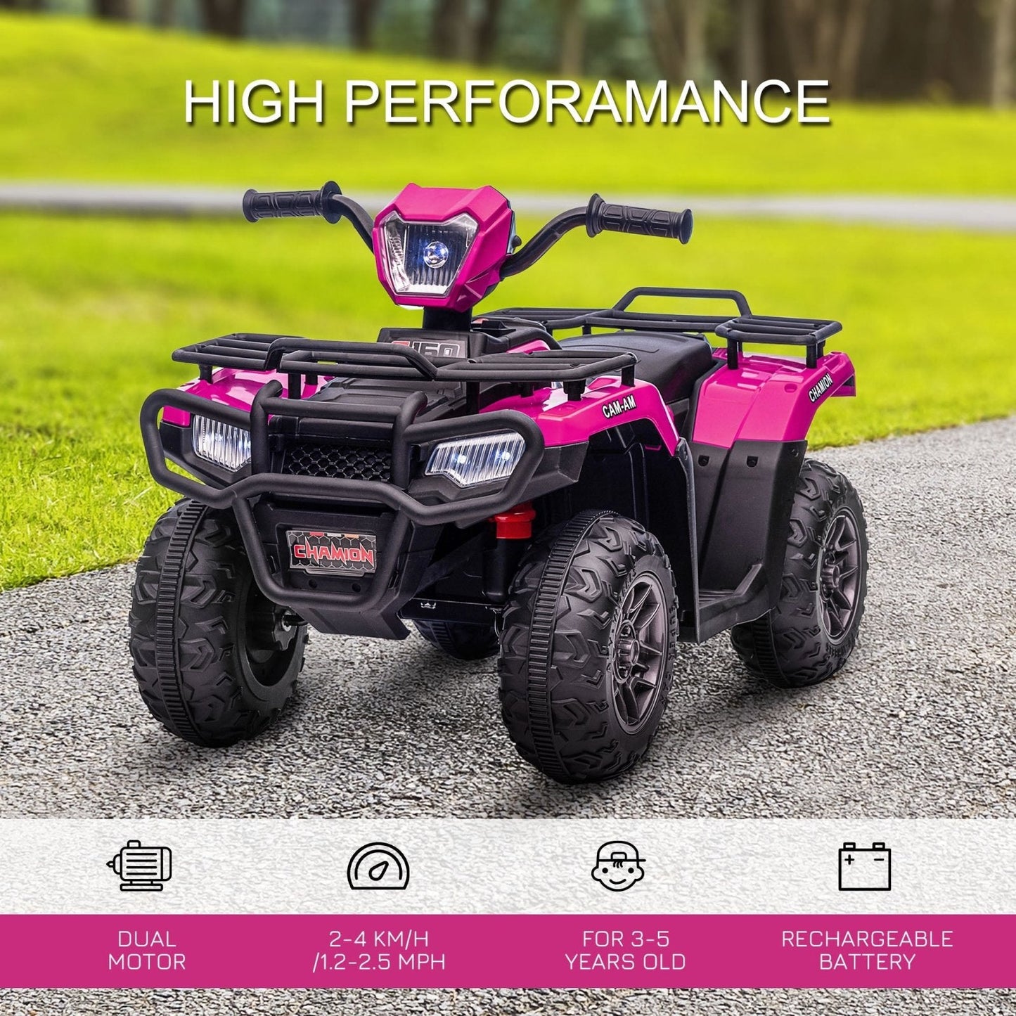 PlayPatch™ 12V Kids Quad Bike with Forward Reverse Functions, Ride On ATV with Music, LED Headlights, for Ages 3-5 Years - Pink