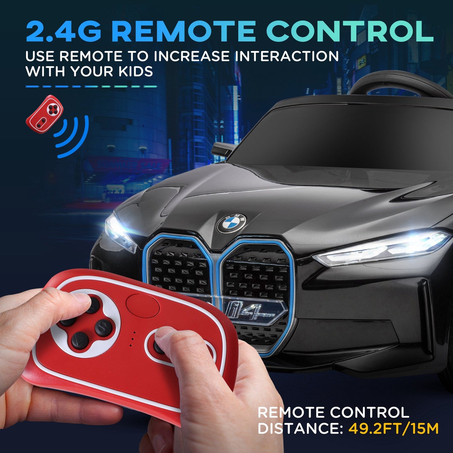 PlayPatch™ BMW i4 Licensed 12V Kids Electric Ride on Car w/ Remote Control, Powered Electric Car w/ Portable Battery, Music, Horn, Headlights
