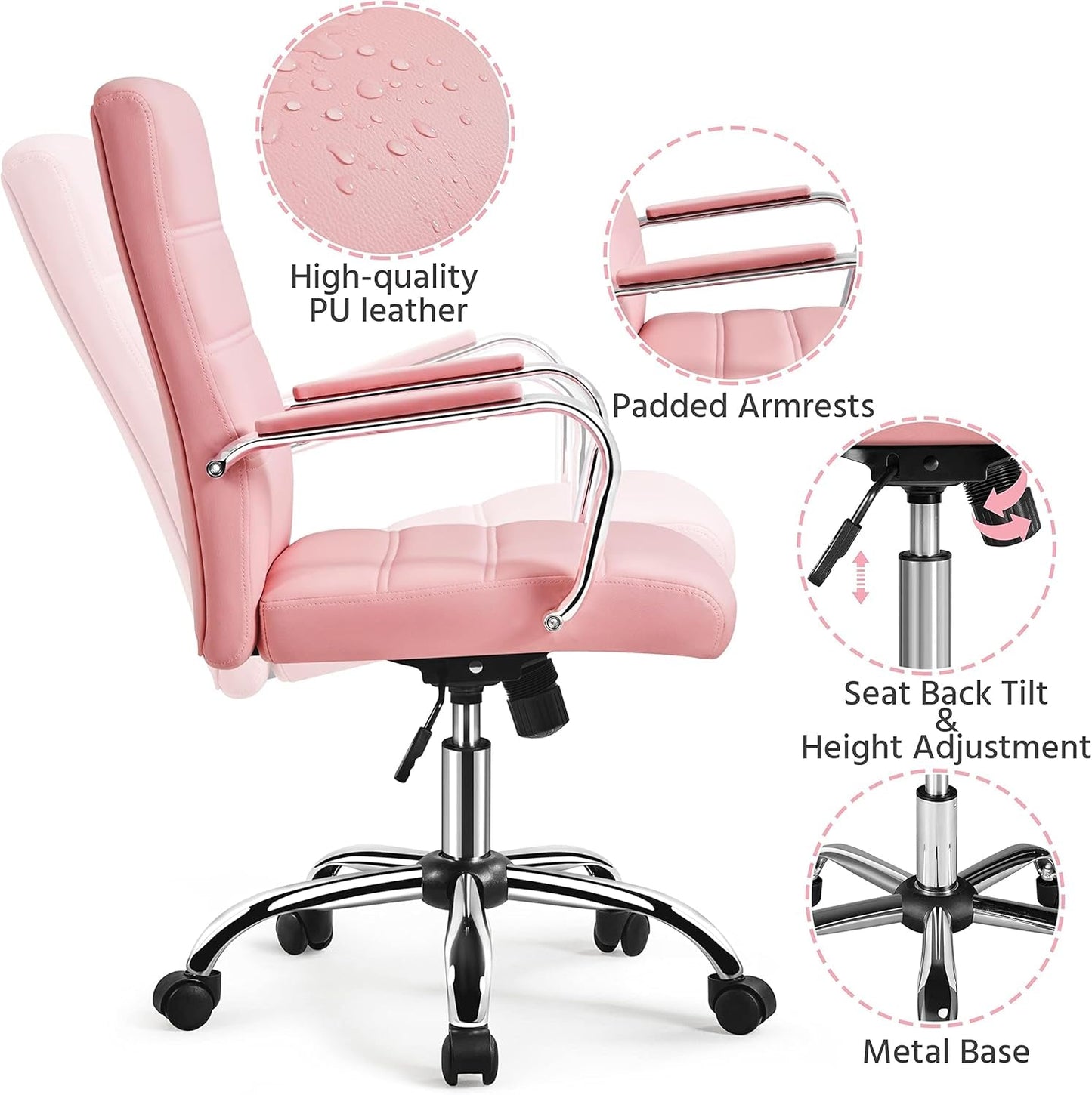 Mid-Back Office Chair with Arms 360� Swivel PU Leather Height Adjustable Office Executive Chair, Pink