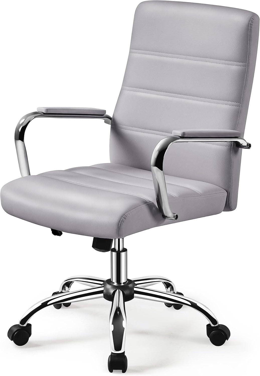 Mid-Back Office Chair with Arms Swivel PU Leather Height Adjustable Office Executive Chair, Light Gray
