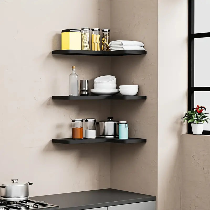 Contemporary Black Corner Floating Shelves - Set of 3-2