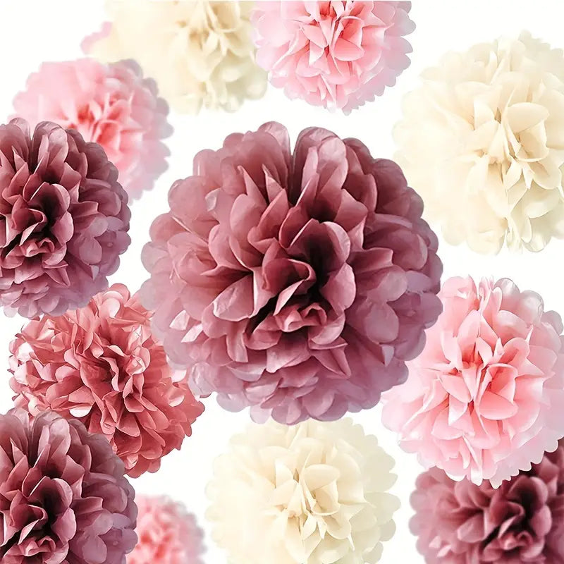 Dusty Rose Blush Pink Tissue Pom Poms Flowers Set - 15pcs Lotus Root Paper Flowers-4