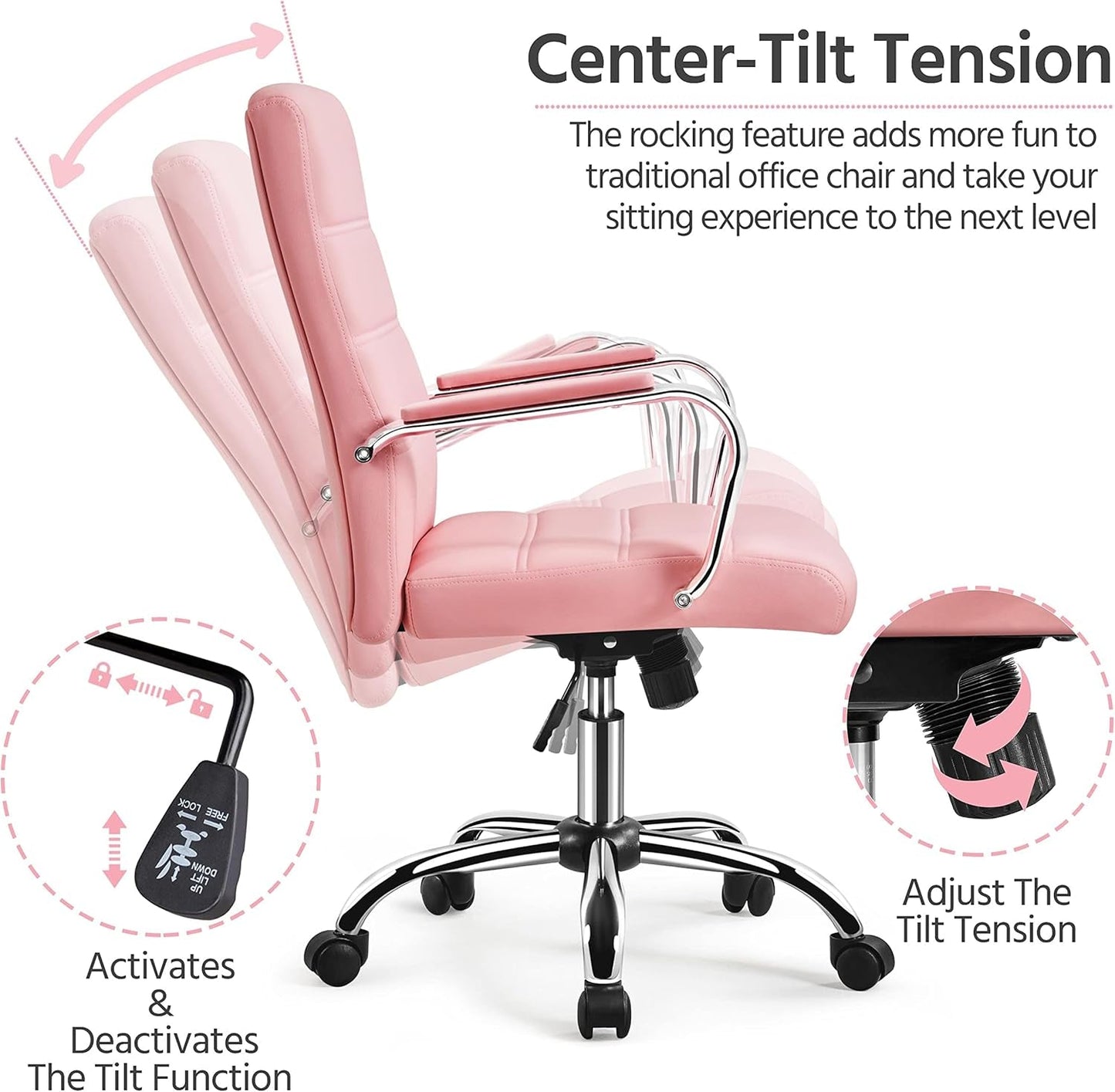 Mid-Back Office Chair with Arms 360� Swivel PU Leather Height Adjustable Office Executive Chair, Pink