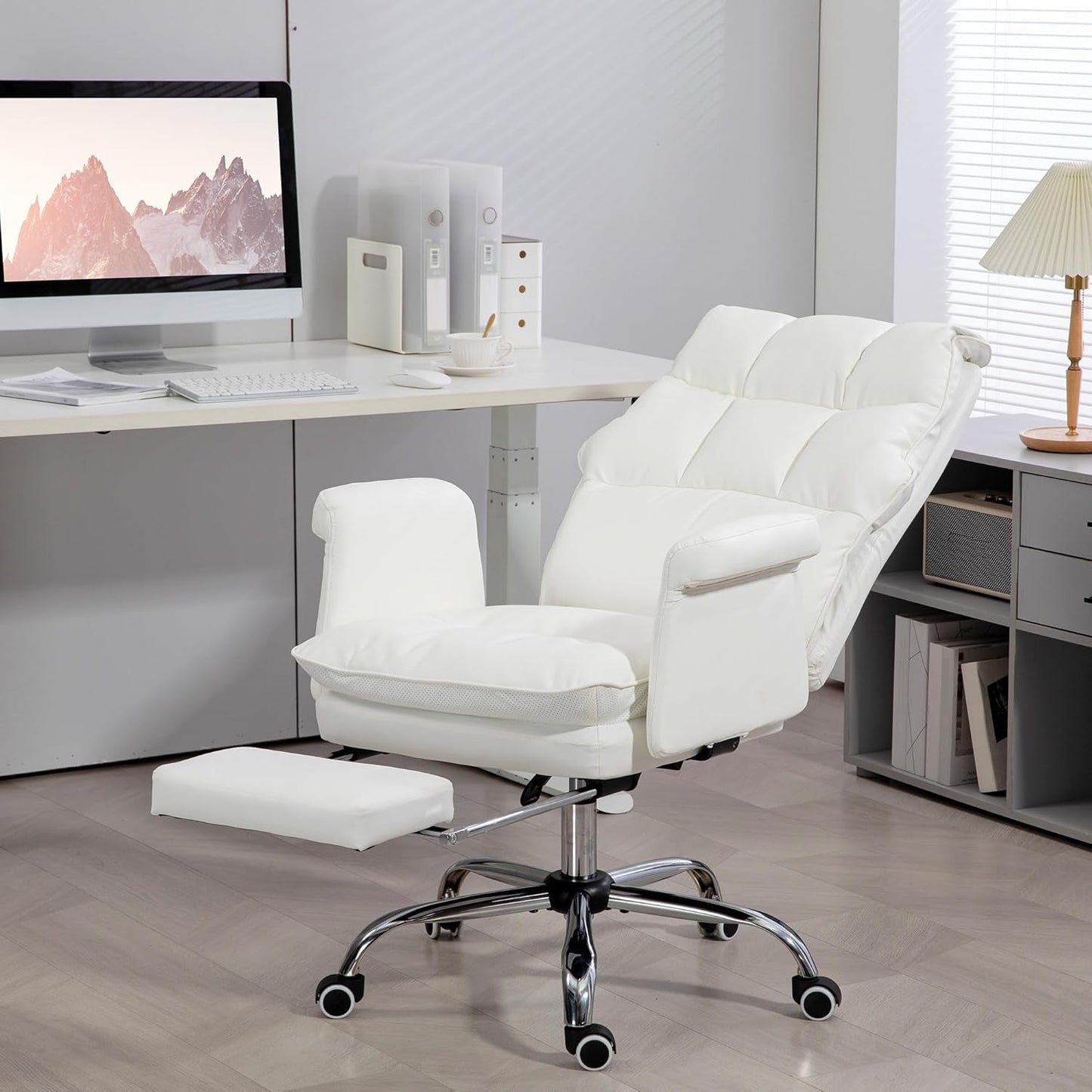 Executive Office Chair, PU Leather Ergonomic Office Desk Chair with Footrest, Reclining and Swivel Chair, White