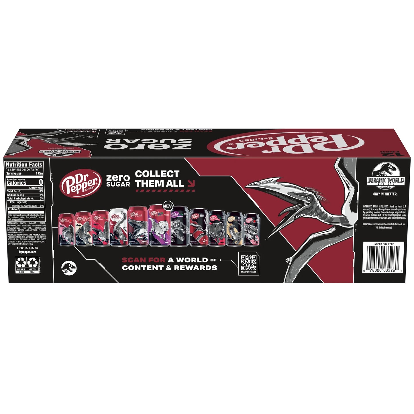Dr Pepper Zero Sugar Soda Pop, 12 Fl Oz, 12 Pack Cans, Jurassic World Rebirth Limited Edition