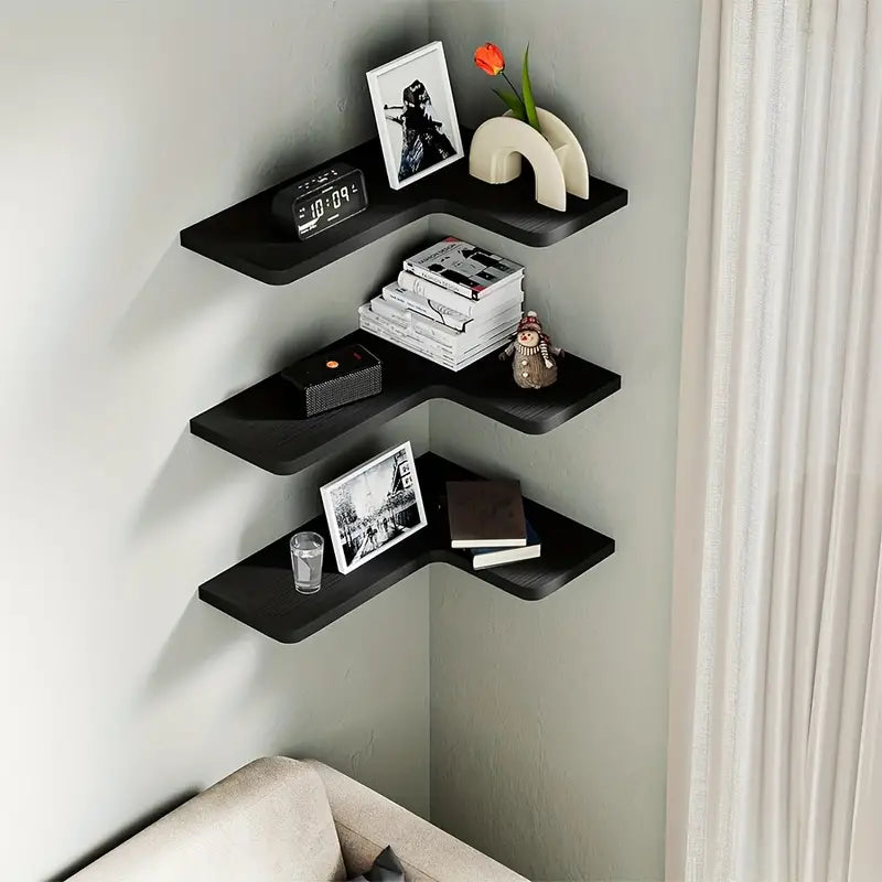 Contemporary Black Corner Floating Shelves - Set of 3-1