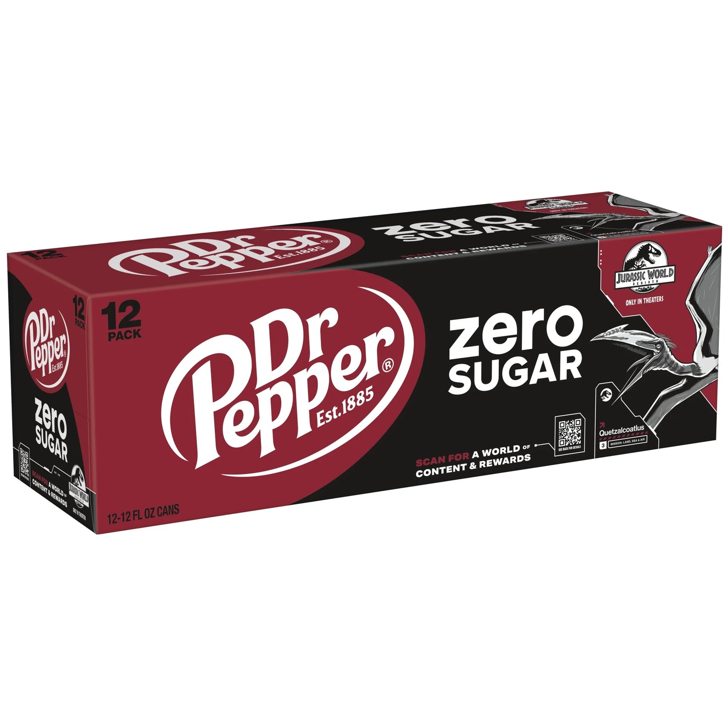 Dr Pepper Zero Sugar Soda Pop, 12 Fl Oz, 12 Pack Cans, Jurassic World Rebirth Limited Edition