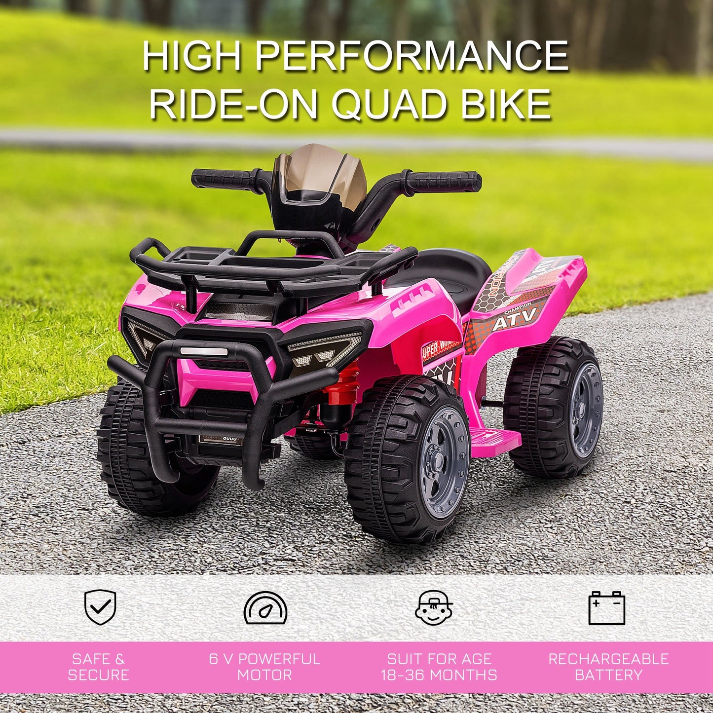 PlayPatch™ Kids Ride-on Four Wheeler ATV Car with Real Working Headlights, 6V Battery Powered Motorcycle for 18-36 Months, Pink
