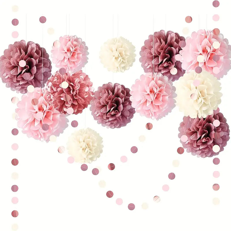 Dusty Rose Blush Pink Tissue Pom Poms Flowers Set - 15pcs Lotus Root Paper Flowers-1
