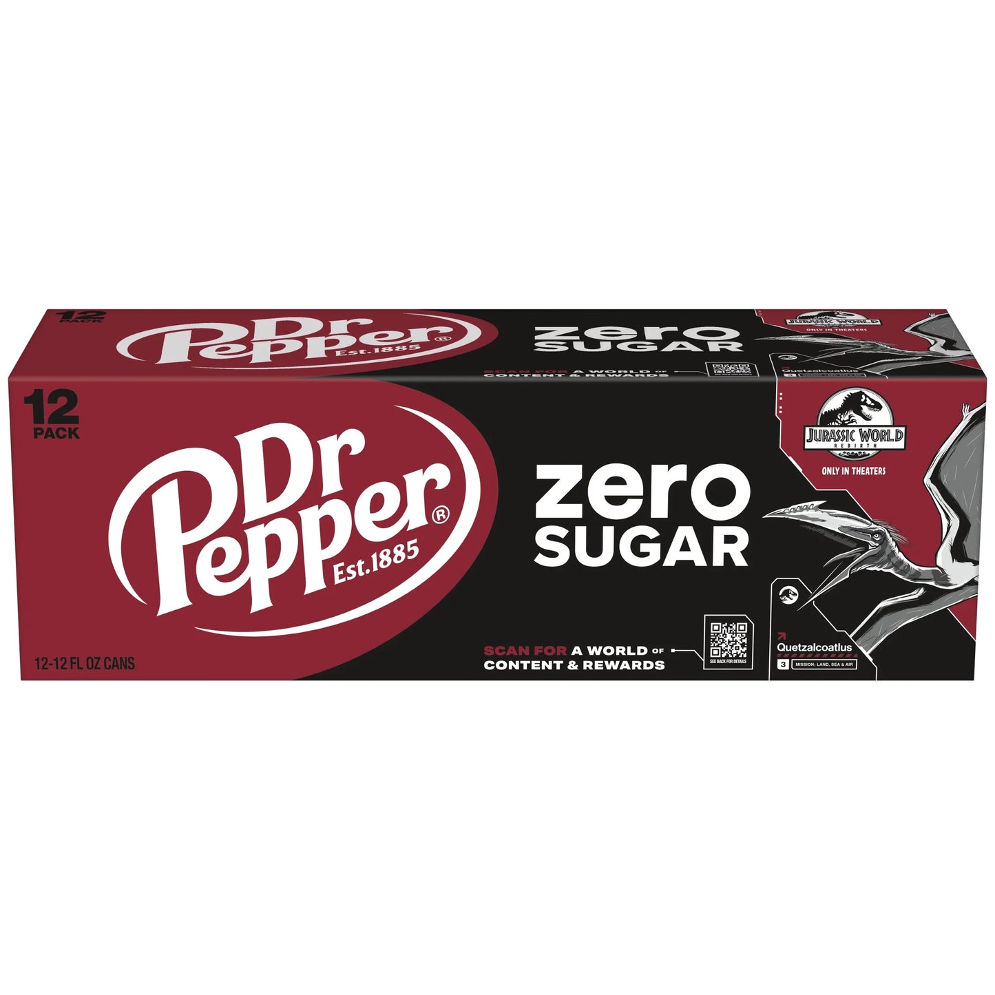 Dr Pepper Zero Sugar Soda Pop, 12 Fl Oz, 12 Pack Cans, Jurassic World Rebirth Limited Edition
