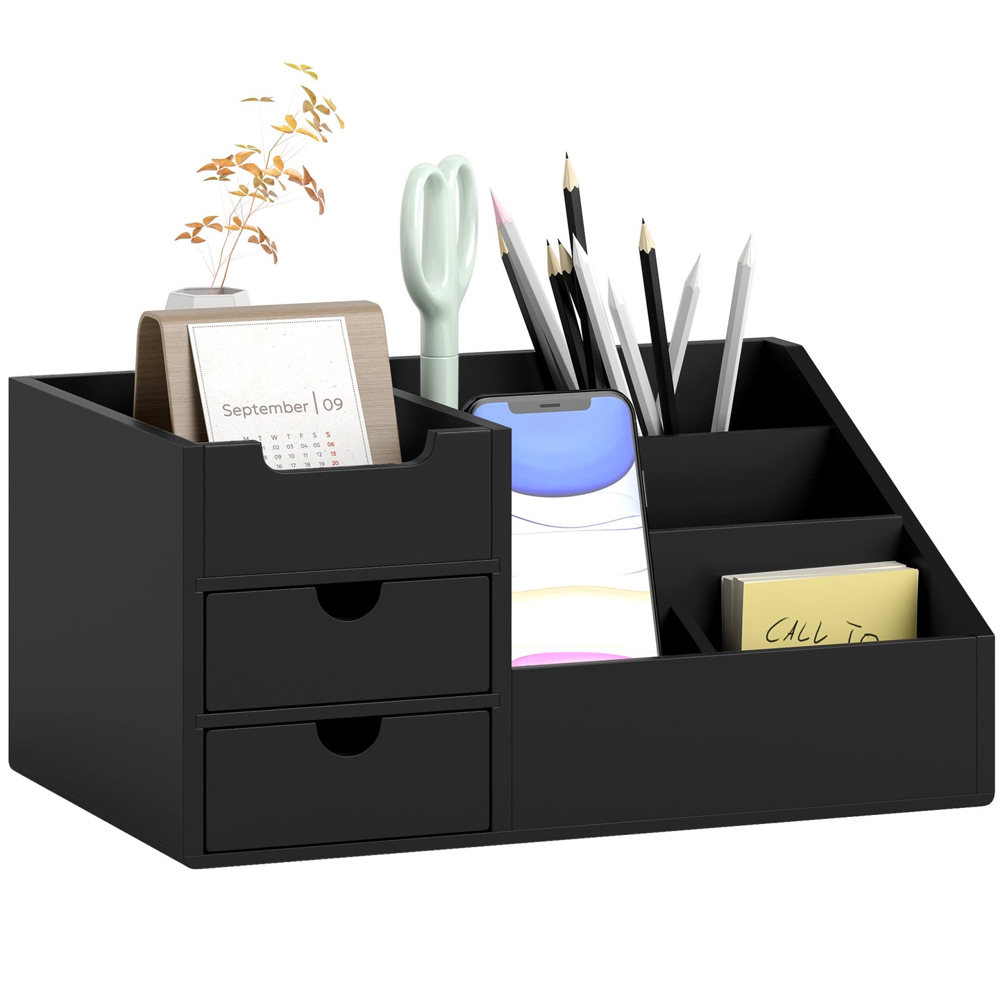 CoreOffice™ Desk Organiser Holder, Bamboo Multi-Function Storage Caddy with 7 Storage Compartments and 2 Drawers for Home Office Stationary Supplies, Black