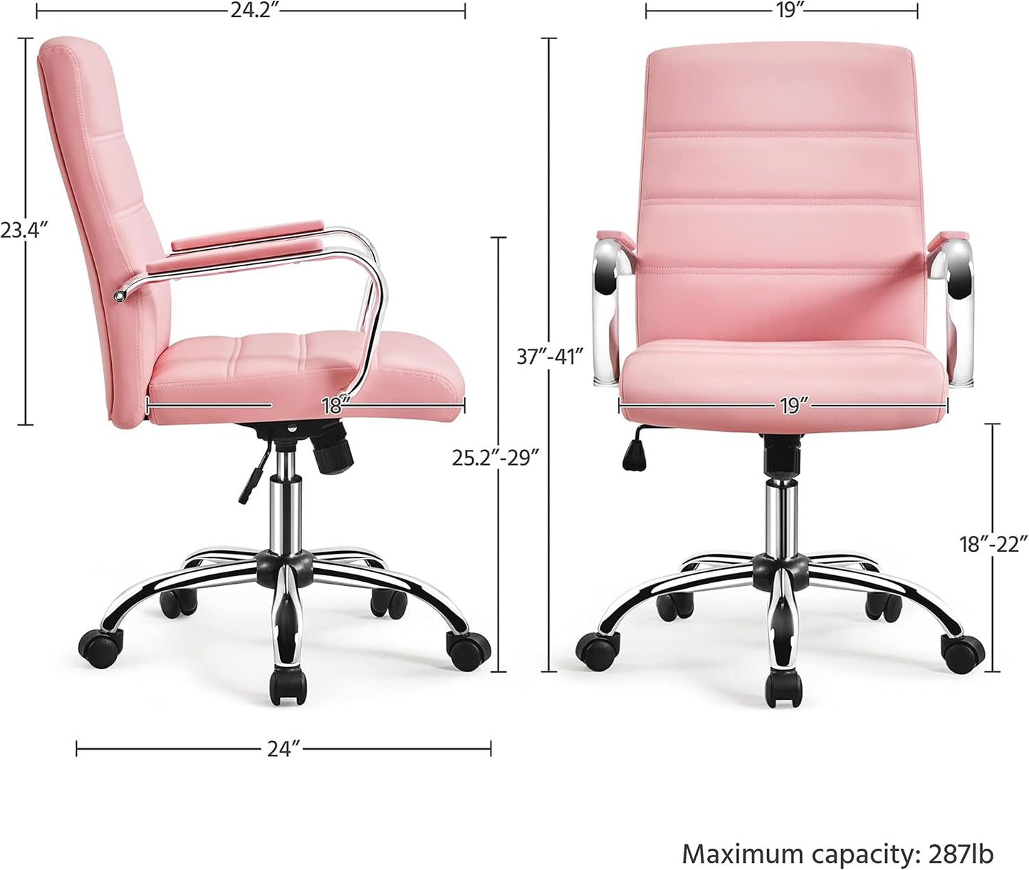 Mid-Back Office Chair with Arms 360� Swivel PU Leather Height Adjustable Office Executive Chair, Pink