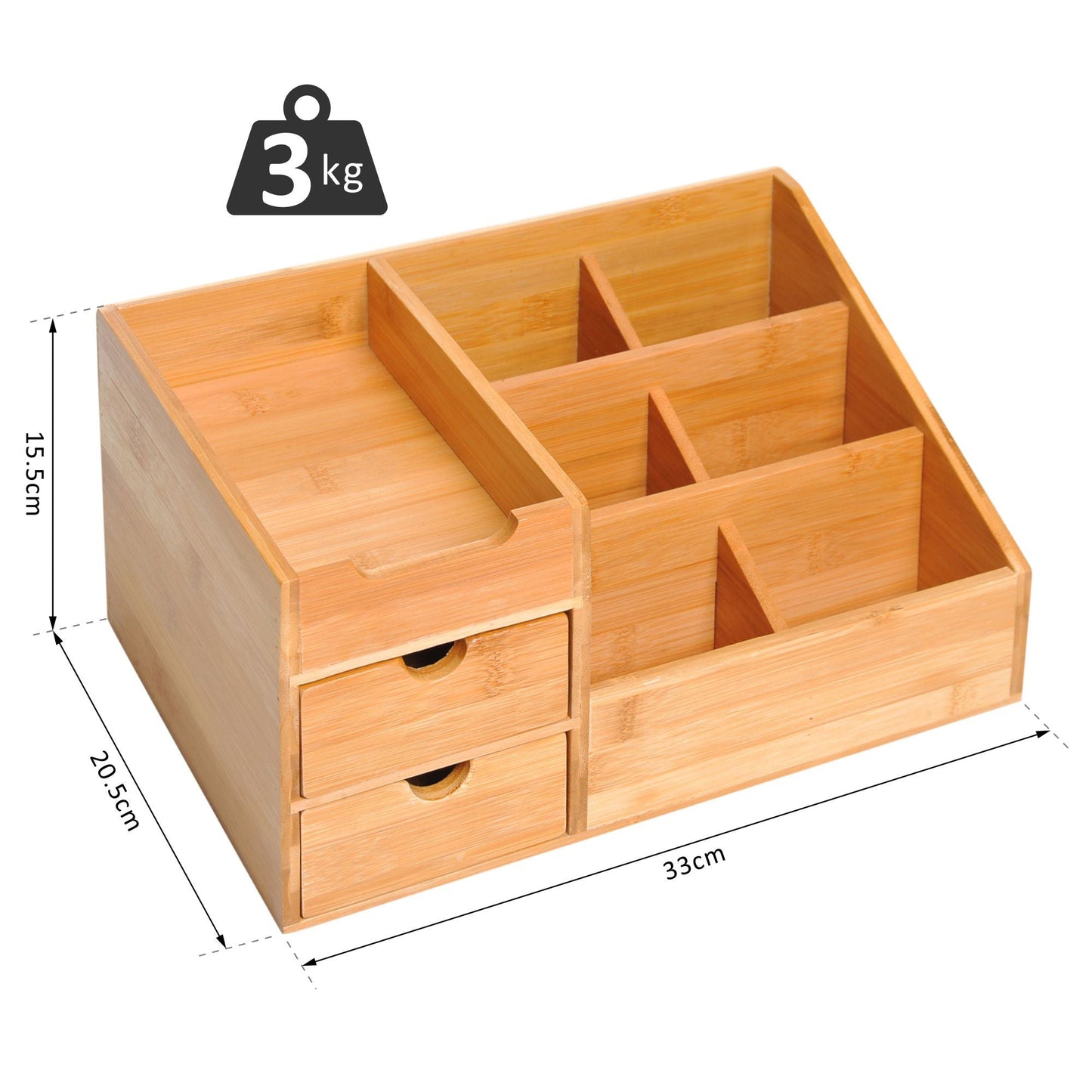 CoreOffice™ Organizer Holder Multi-Function Storage Caddy Drawers Home Office Stationary Supplies 7 Storage Compartments and 2 Drawers Natural Wood