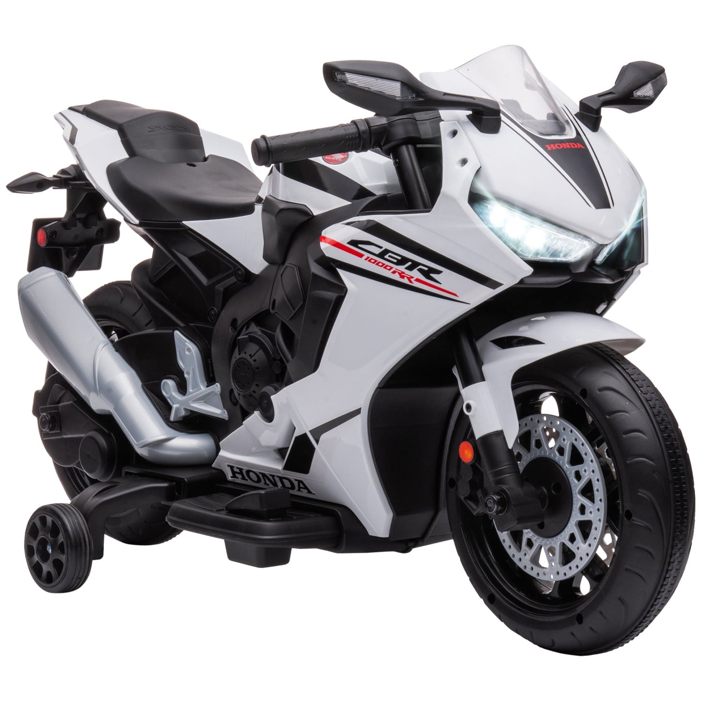 PlayPatch™ Electric Ride On Motorcycle with Headlights Music, 6V Battery Powered Kids Motorcycle Vehicle with Training Wheels, for 3-5 Years Old, White