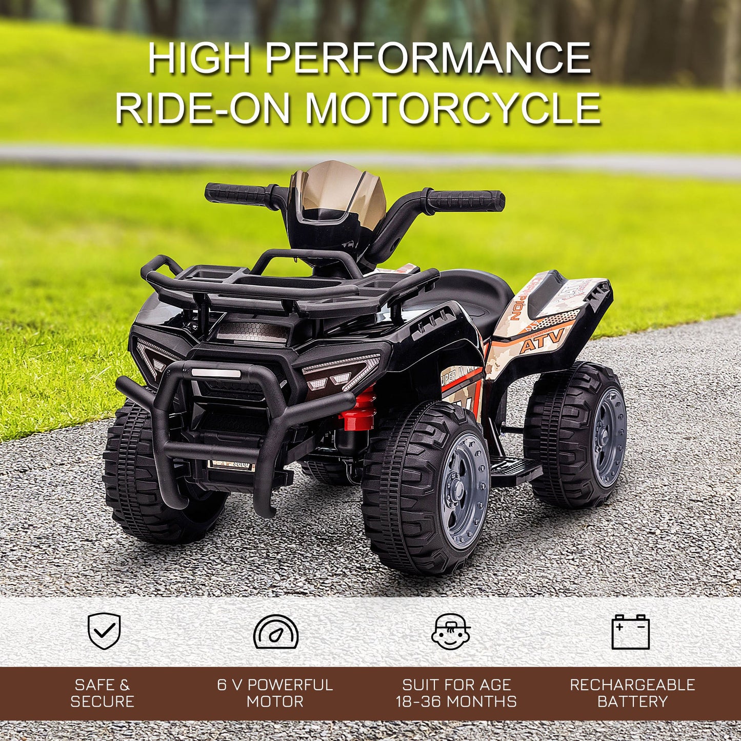 PlayPatch™ Kids Ride-on Four Wheeler ATV Car with Real Working Headlights, 6V Battery Powered Motorcycle for 18-36 Months, Black