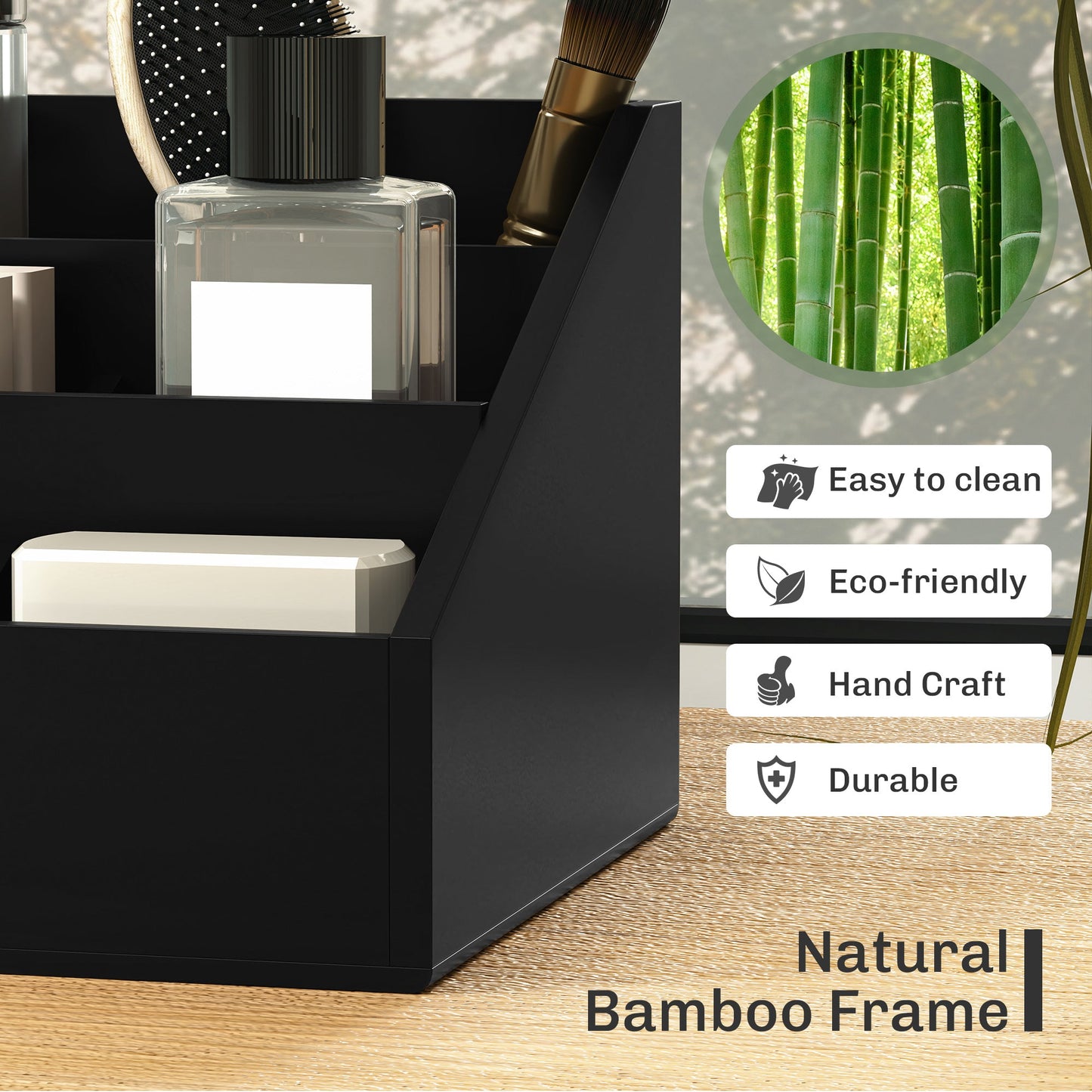 CoreOffice™ Desk Organiser Holder, Bamboo Multi-Function Storage Caddy with 7 Storage Compartments and 2 Drawers for Home Office Stationary Supplies, Black
