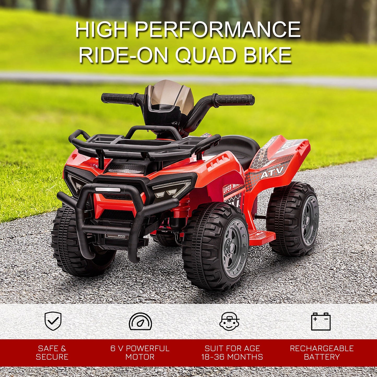 PlayPatch™ Kids Ride-on Four Wheeler ATV Car with Real Working Headlights, 6V Battery Powered Motorcycle for 18-36 Months, Red