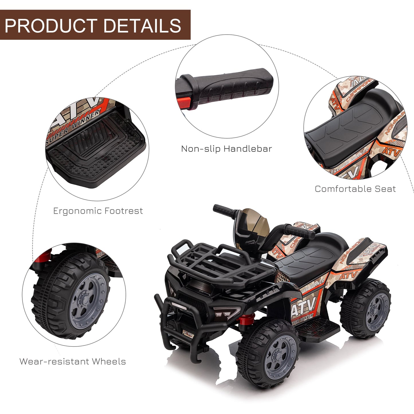 PlayPatch™ Kids Ride-on Four Wheeler ATV Car with Real Working Headlights, 6V Battery Powered Motorcycle for 18-36 Months, Black