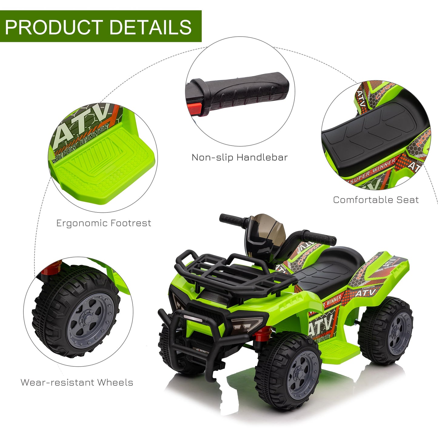 PlayPatch™ Kids Ride-on Four Wheeler ATV Car with Real Working Headlights, 6V Battery Powered Motorcycle for 18-36 Months, Green