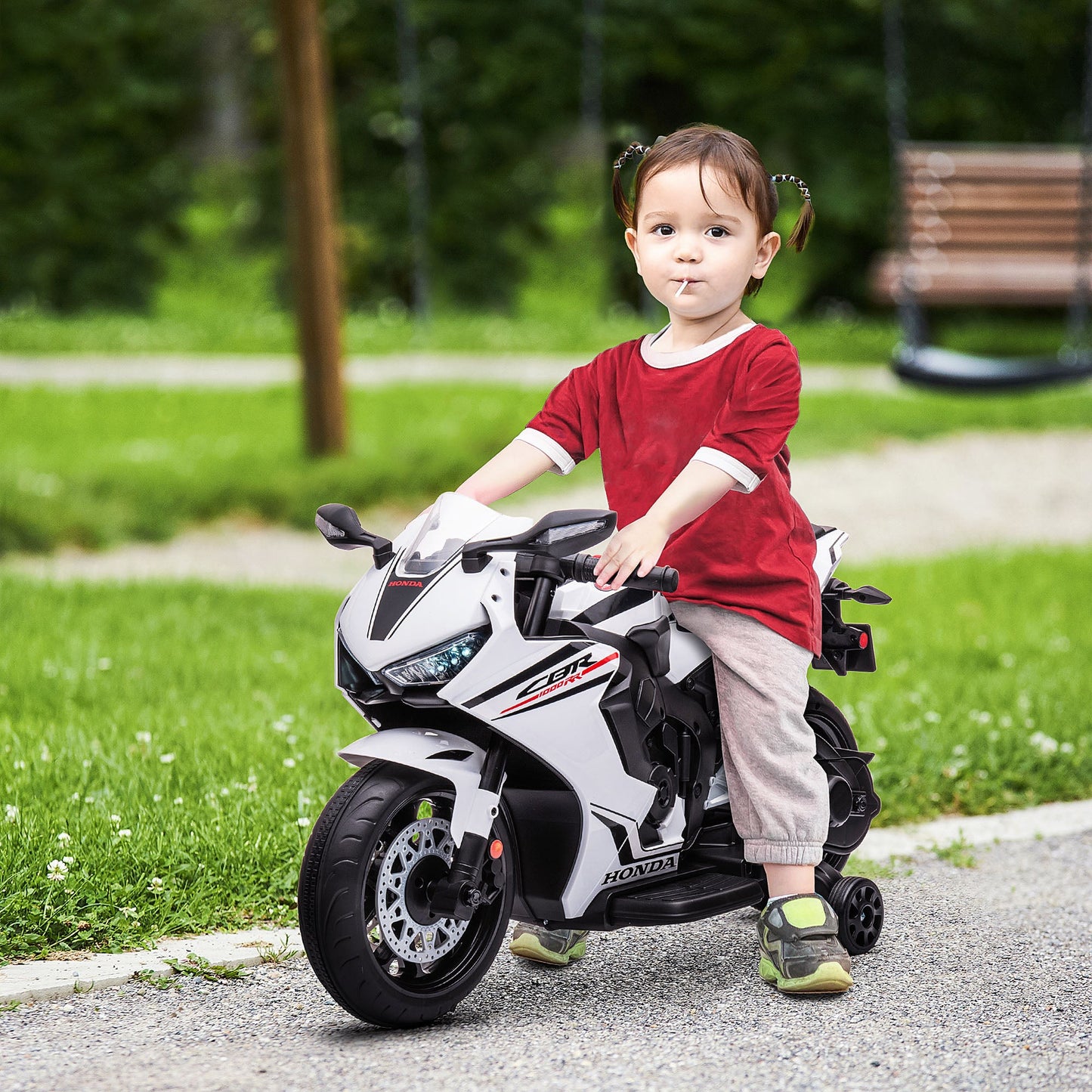PlayPatch™ Electric Ride On Motorcycle with Headlights Music, 6V Battery Powered Kids Motorcycle Vehicle with Training Wheels, for 3-5 Years Old, White