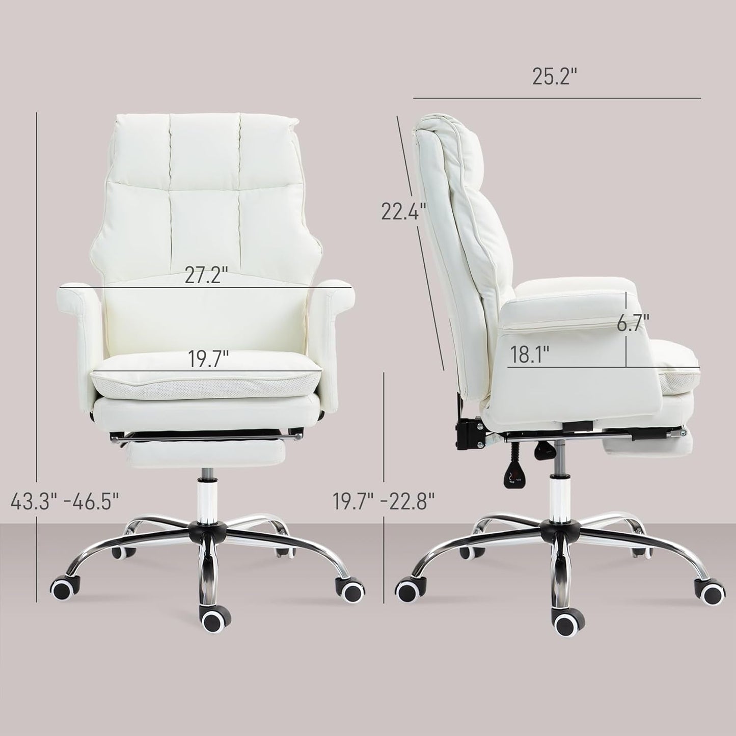 Executive Office Chair, PU Leather Ergonomic Office Desk Chair with Footrest, Reclining and Swivel Chair, White