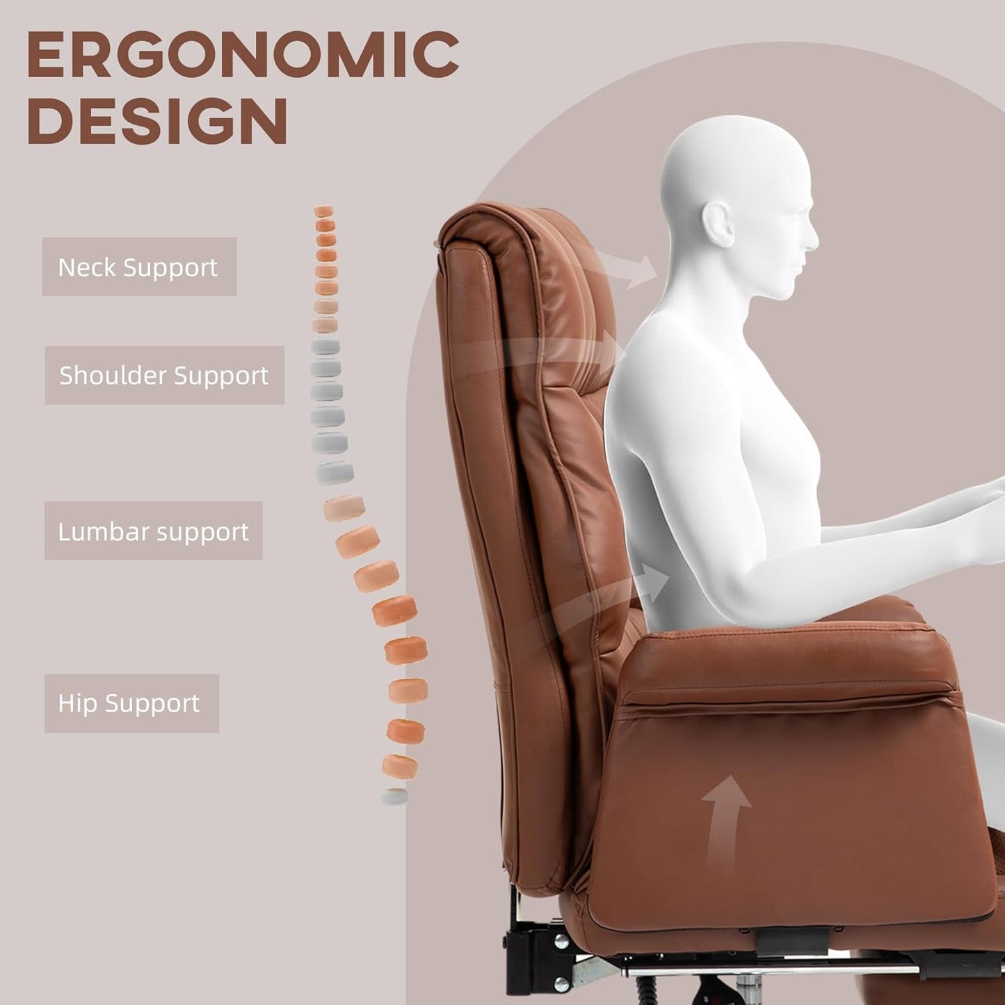 Executive Office Chair, PU Leather Ergonomic Office Desk Chair with Footrest, Reclining and Swivel Chair, Brown