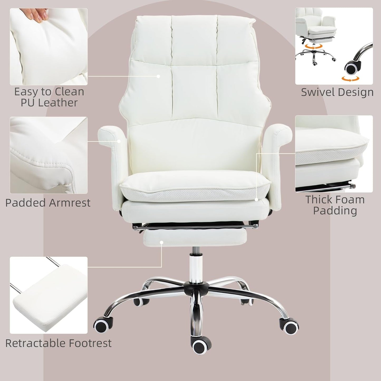 Executive Office Chair, PU Leather Ergonomic Office Desk Chair with Footrest, Reclining and Swivel Chair, White