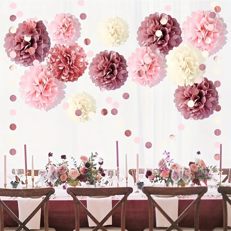 Dusty Rose Blush Pink Tissue Pom Poms Flowers Set - 15pcs Lotus Root Paper Flowers-2