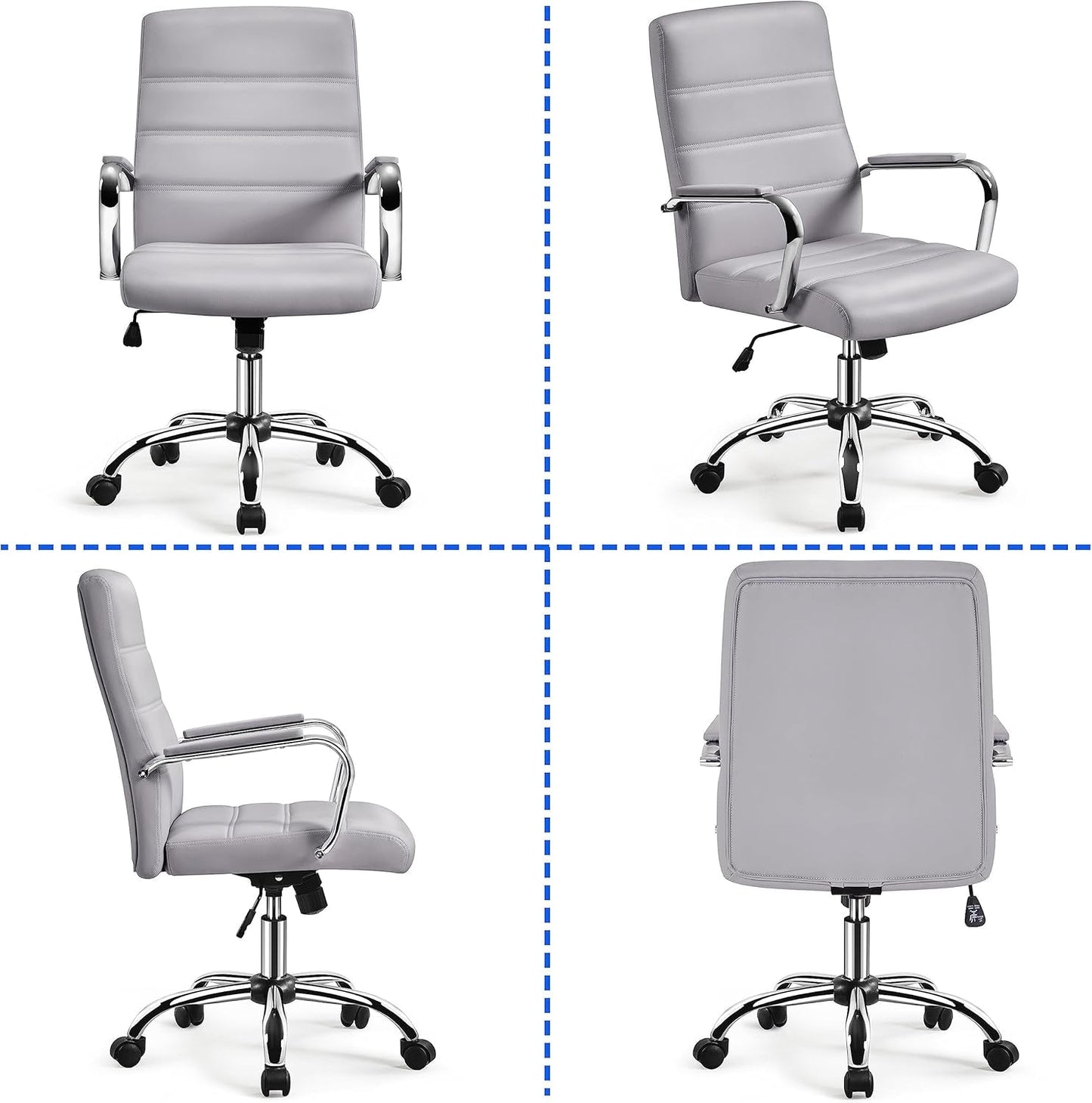 Mid-Back Office Chair with Arms Swivel PU Leather Height Adjustable Office Executive Chair, Light Gray