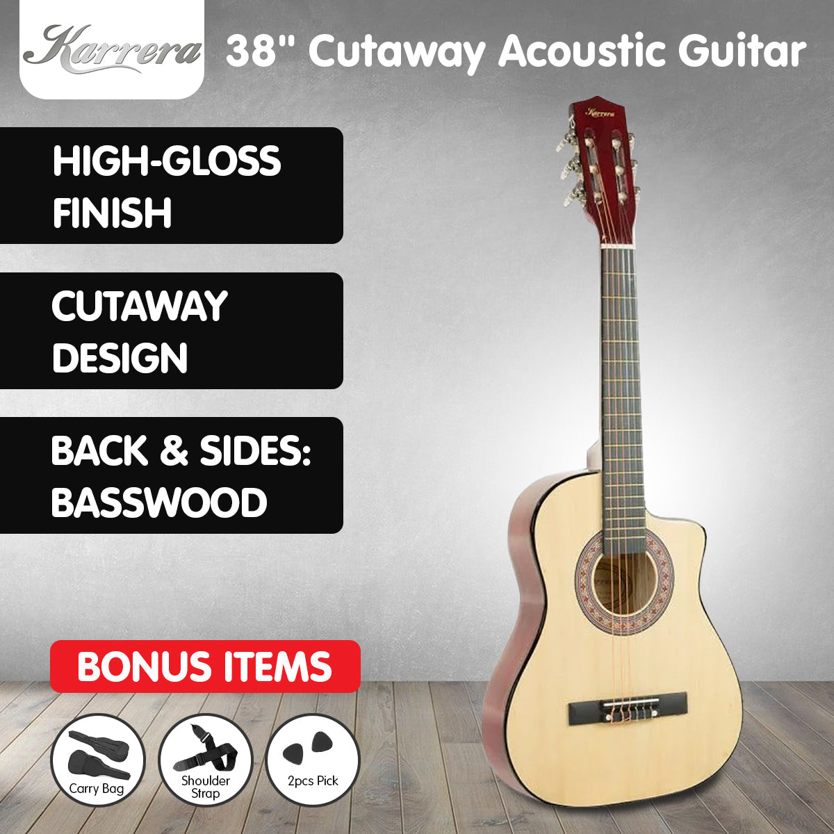 NNEDPE 38in Cutaway Acoustic Guitar with guitar bag - Natural