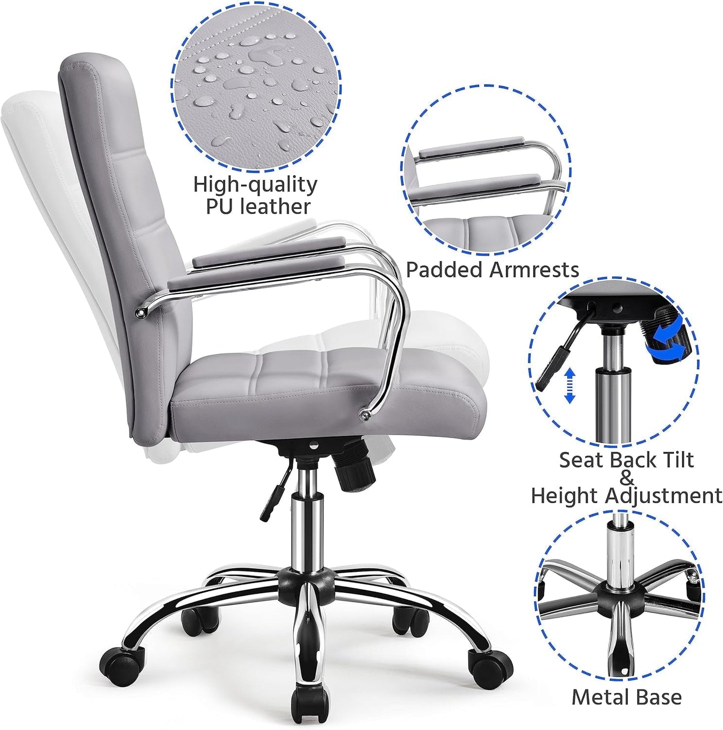 Mid-Back Office Chair with Arms Swivel PU Leather Height Adjustable Office Executive Chair, Light Gray