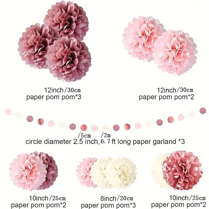 Dusty Rose Blush Pink Tissue Pom Poms Flowers Set - 15pcs Lotus Root Paper Flowers-3