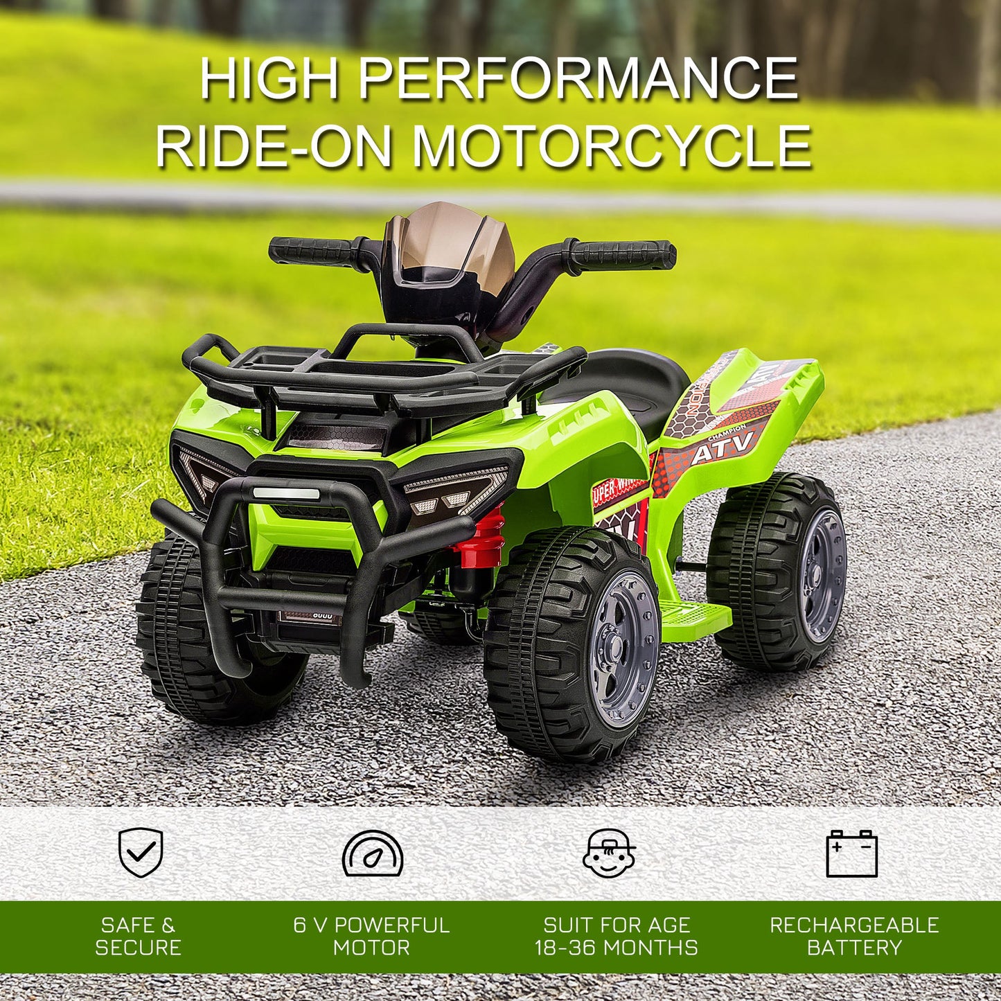 PlayPatch™ Kids Ride-on Four Wheeler ATV Car with Real Working Headlights, 6V Battery Powered Motorcycle for 18-36 Months, Green