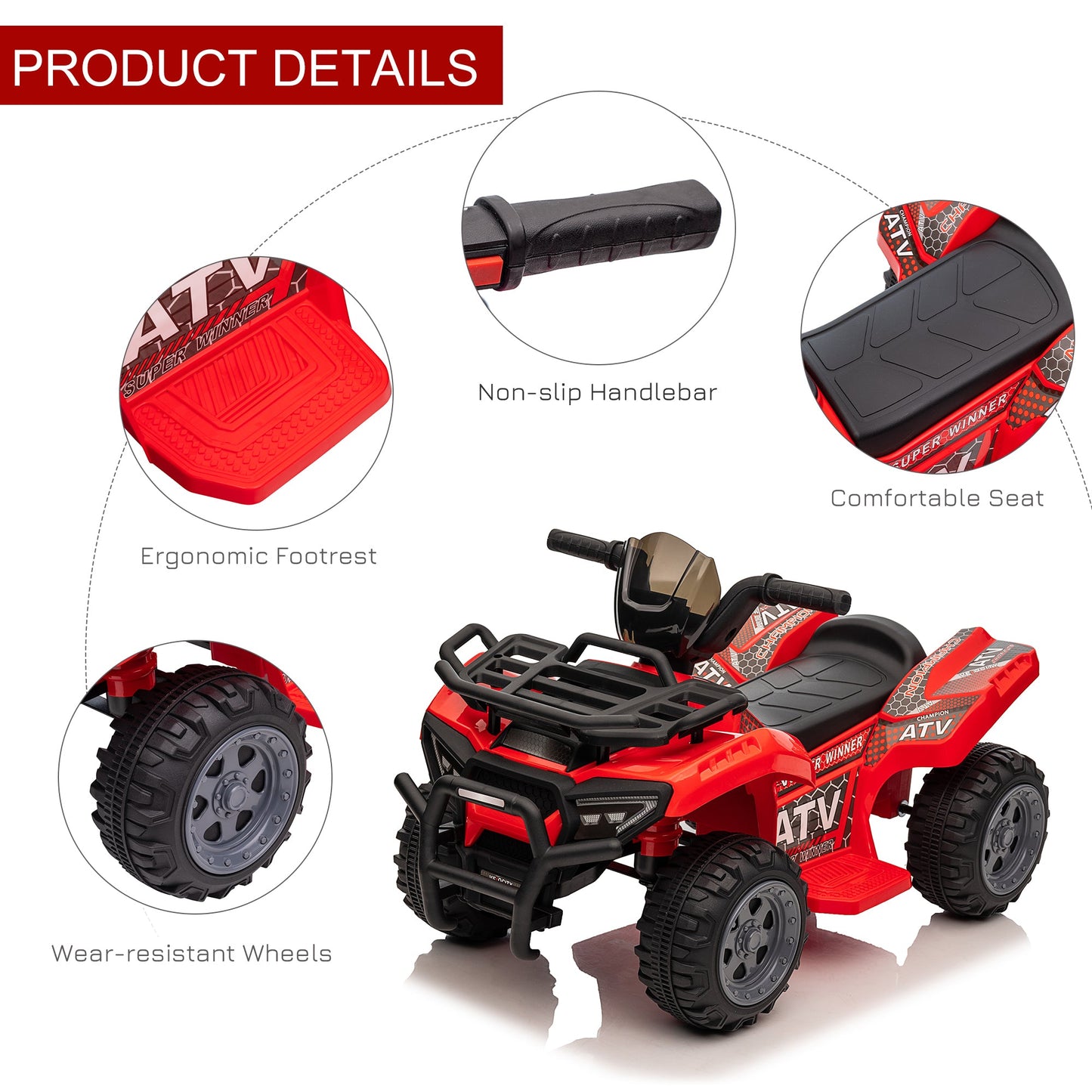 PlayPatch™ Kids Ride-on Four Wheeler ATV Car with Real Working Headlights, 6V Battery Powered Motorcycle for 18-36 Months, Red