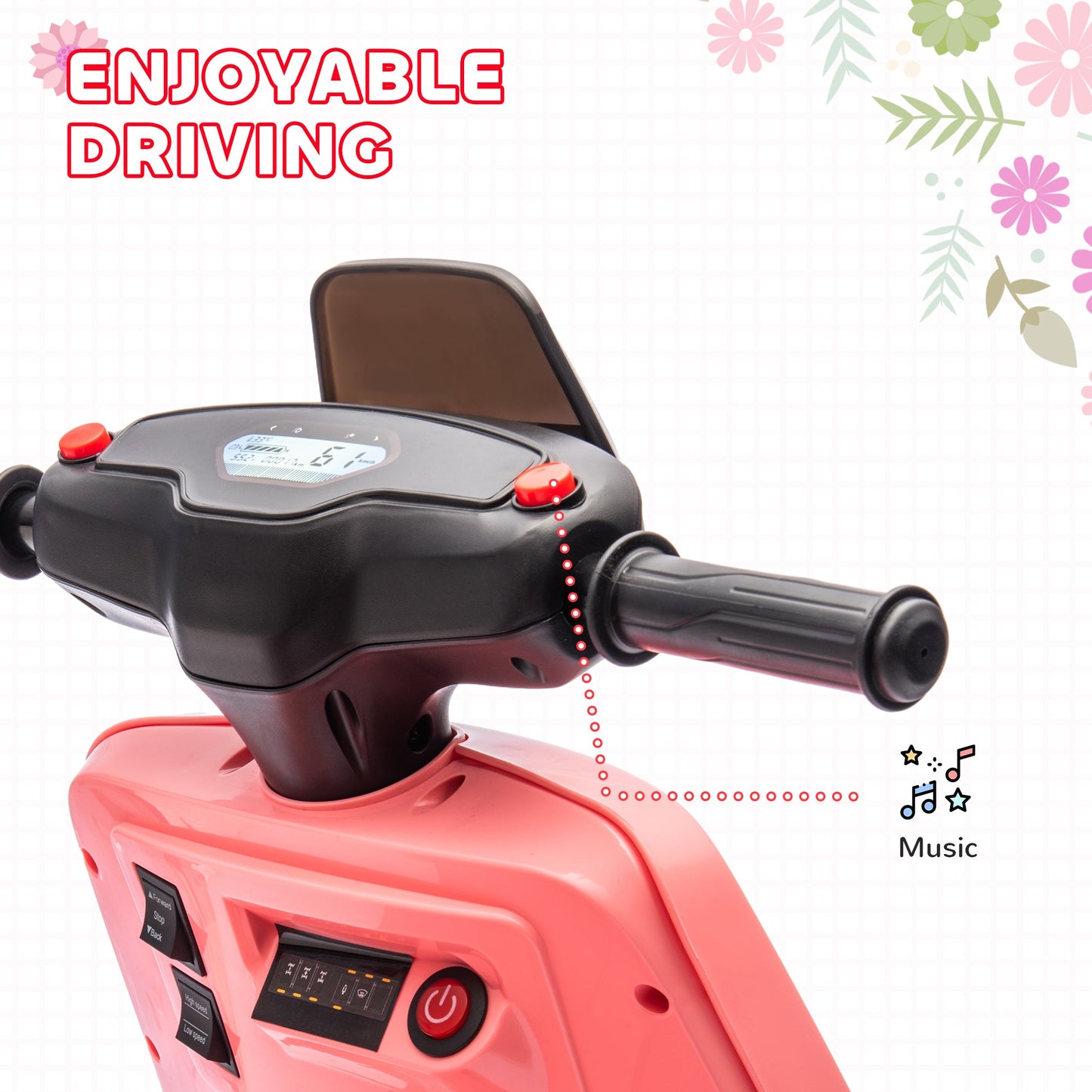PlayPatch™ 6V Ride on Motorbike, Kids Electric Motorbike w/ Headlights, Music, Training Wheels, for Ages 18-36 Months, Pink
