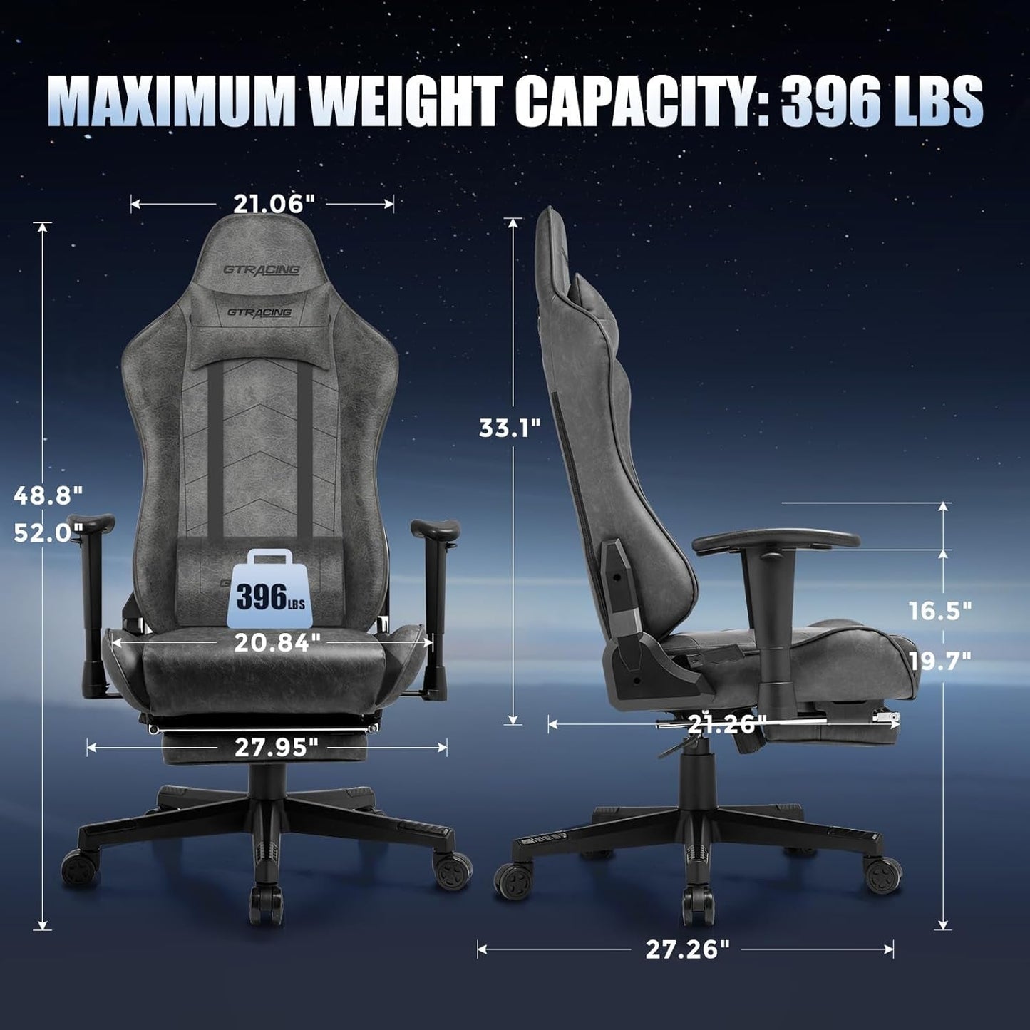 Gaming Chair with Footrest, Racing Style Computer Chair for Adult, Adjustable Reclining Backrest and Lumbar Support, Stylish High Back Chair for Gaming and Office (Dark Grey)