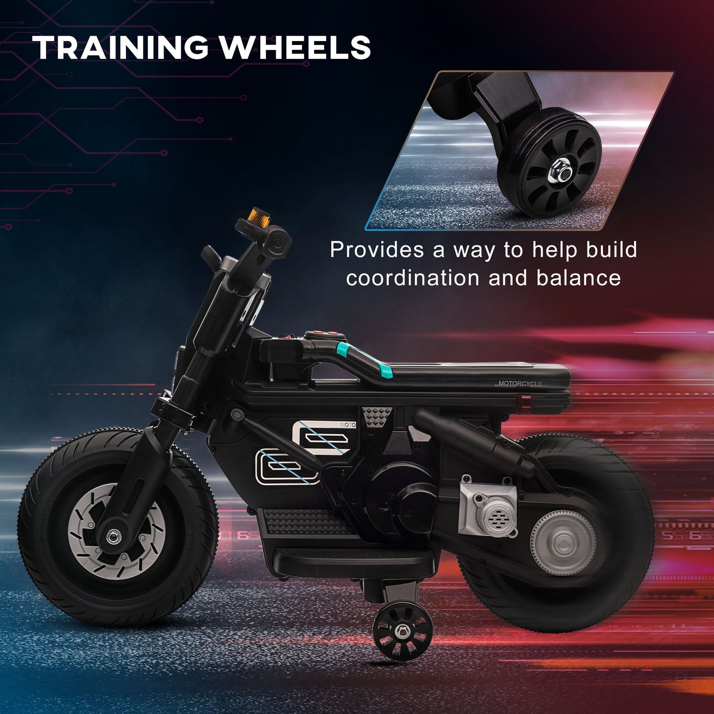 PlayPatch™ Kids Electric Motorbike with Siren, Horn, Headlights, Music, Training Wheels, for Ages 3-5 Years - Black