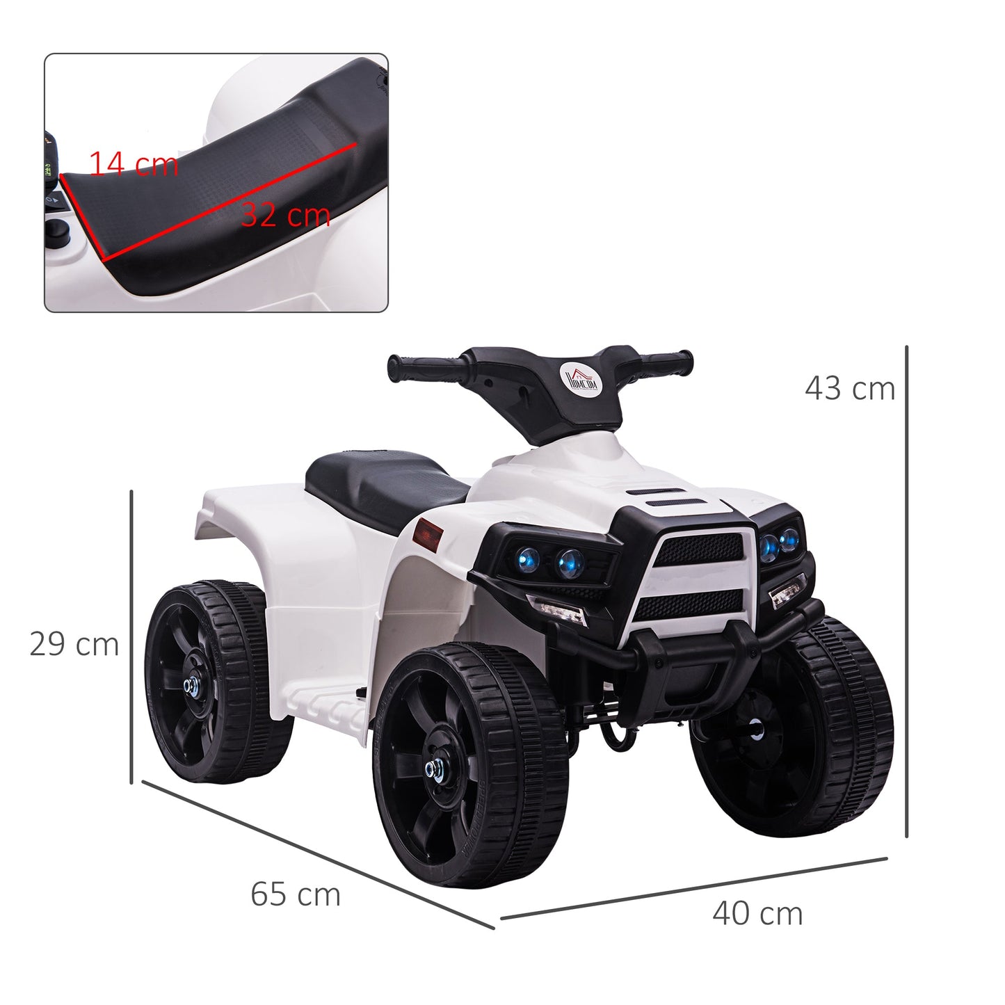 PlayPatch™ 6 V Kids Ride on Cars Quad Bike Electric ATV Toy Quad Bike for Toddlers w/ Headlights Battery Powered for 18-36 months White+Black