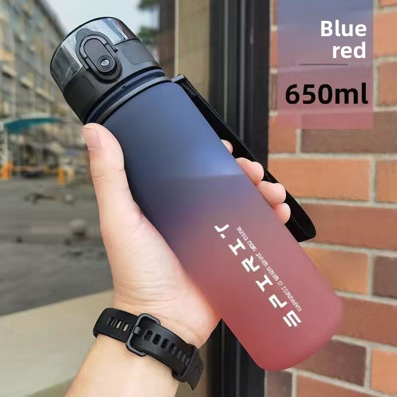 The sports water cup is made of plastic with a large capacity