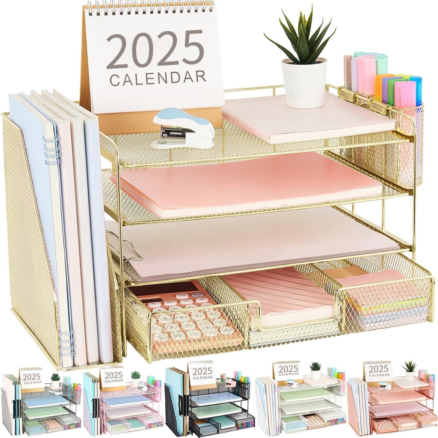 Paper Letter Tray Organizer with File Holder, 4-Tier Desk Accessories & Workspace Organizers with Drawer and 2 Pen Holder, Desk Organizers and Accessories for Office Supplies