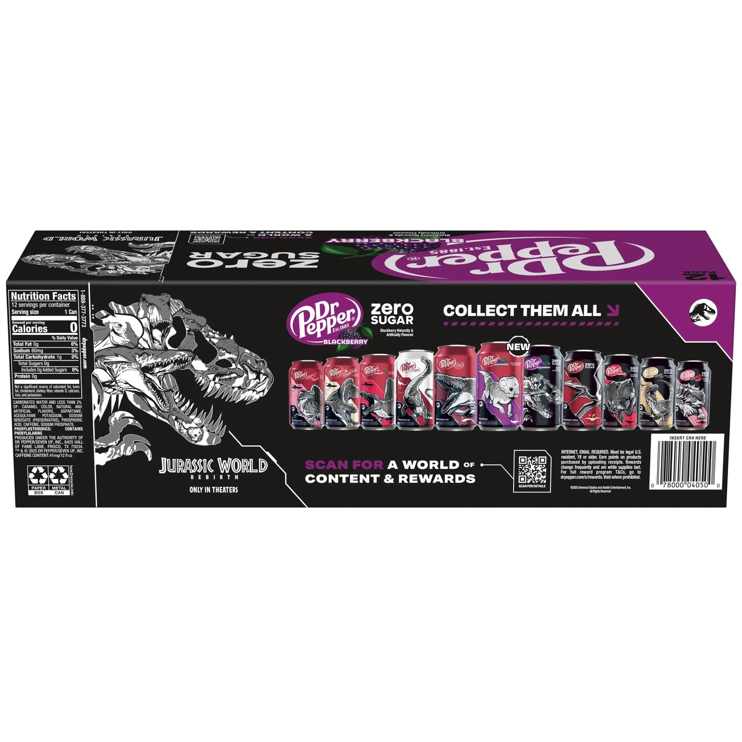Dr Pepper Blackberry Zero Sugar Soda Pop, 12 Fl Oz, 12 Pack Cans, Jurassic World Rebirth Limited Edition